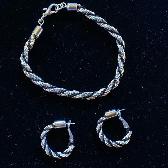 Silver and Black Two-Tone Rope Chain Bracelet with matching hoop earrings set - Picture 1 of 6